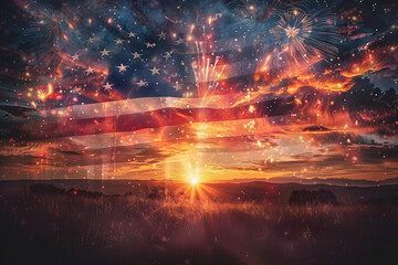 Patriotic fireworks and american flag at sunset