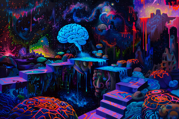 Wall Mural - a painting of a brain with a blue stem and a green background