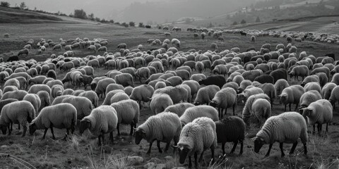 Wall Mural - A herd of sheep grazing on a lush green hillside. Suitable for agricultural and nature themes