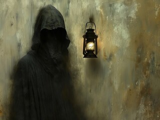 Wall Mural - A man in a hooded cloak is standing in front of a lantern. The lantern is lit, casting a warm glow on the man. The image has a mysterious and eerie mood, with the man's hooded cloak