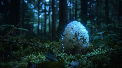 Wall Mural - An egg illuminated by bioluminescent mushrooms in a dark forest.