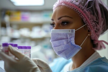 A woman in a pink hat and a blue lab coat is wearing a mask and holding a vial