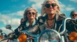 © James - Group of elegant elderly women wearing sunglasses and leather jackets riding on motorcycles.