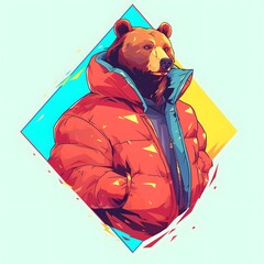 Vector logo, e-sport gamer illustration of bear mascot in oversized jacket, on isolated background.