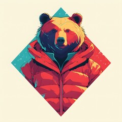 Vector logo, e-sport gamer illustration of bear mascot in oversized jacket, on isolated background.