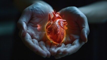 Wall Mural - A human heart floating in the palm of two hands, illuminated by medical science holograms.