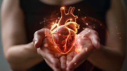 Wall Mural - A human heart floating in the palm of two hands, illuminated by medical science holograms.