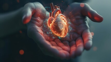 Wall Mural - A human heart floating in the palm of two hands, illuminated by medical science holograms.