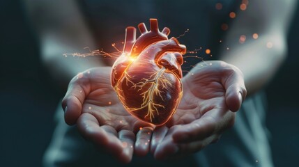 Wall Mural - A human heart floating in the palm of two hands, illuminated by medical science holograms.