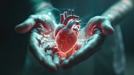 Wall Mural - A human heart floating in the palm of two hands, illuminated by medical science holograms.