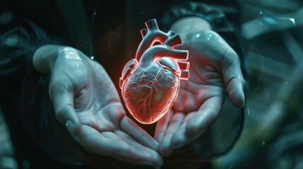 Wall Mural - A human heart floating in the palm of two hands, illuminated by medical science holograms.