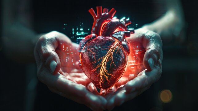 A human heart floating in the palm of two hands, illuminated by medical science holograms.