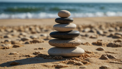 Stones pyramid on sand symbolizing zen, harmony, balance. Ocean in the background