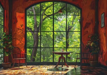 Wall Mural - A digital painting AI illustration of a room featuring a table, chairs, and a large window with trees visible outside.