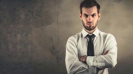 A young Caucasian man in a white shirt and black tie stands with a stern expression and crossed arms against a textured grey background.