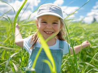 Wall Mural - A young girl is smiling in a field of tall grass. She is wearing a blue overalls and a white hat