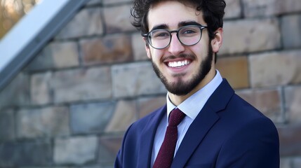 Wall Mural - Young smiling businessman with glasses and a beard, dressed in a blue suit, posing confidently against a brick wall background.