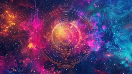 Horoscope circle with zodiac symbol Astrology calendar esoteric on vibrant colorful background.