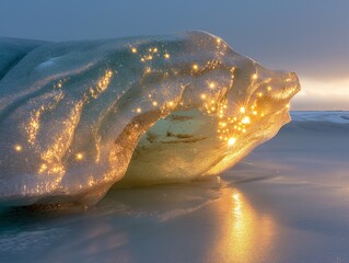 Wall Mural - A large piece of ice with a glowing surface. The ice is surrounded by a sandy beach. The sun is setting in the background, casting a warm glow on the ice