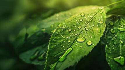 Wall Mural - Closeup view of fresh green leaf with water drops in there on natural background. Generate AI