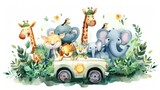 Fototapeta Dziecięca - Animals safari funny Jungle cartoon riding a car in cartoon watercolor style. Generated AI