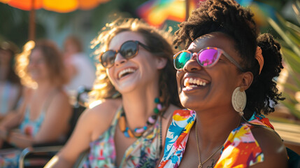 Inclusion & diversity at pride concept. Happy disabled female friends of different races & ethnicities sitting in wheelchairs socialising together outdoors at summer gay lgbtq+ pride event