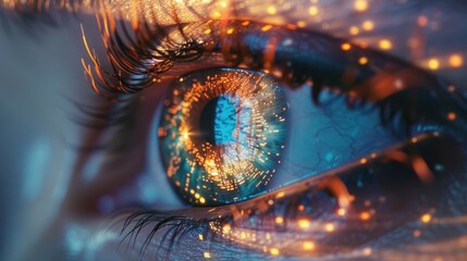 Wall Mural - Closeup eye retina with digital biometrics technology graphic element. Generate AI