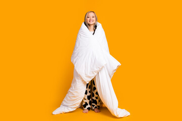 Poster - Full length photo of charming lovely woman wear stylish pajama enjoy weekend isolated on yellow color background