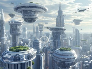 Wall Mural - A futuristic cityscape with many buildings and a large green dome. The sky is filled with planes and the city is surrounded by a green belt