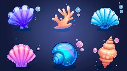 Poster - The sea shell icon set is a cartoon modern illustration collection with sweet underwater creatures like conches and horned clams, an open scallop with a pearl, and an aquarium bottom seashell.