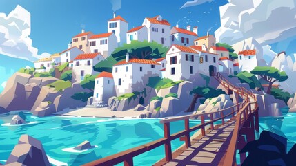 Wall Mural - Illustration of a small city with multistory buildings on a cliff or seashore. Modern illustration of a natural landscape with a wooden bridge leading to the town on a rocky beach in a harbor.