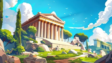 This illustration depicts an ancient Greek temple with a goddess modern background. An ancient Roman building with a beautiful female god. A landscape illustration showing the Parthenon, the symbol