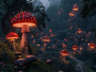 A forest with many red mushrooms and houses. Scene is mysterious and enchanting