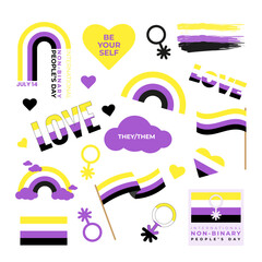 Wall Mural - Non-Binary clipart set with pride flag and gender identity symbol in yellow and purple colours. Vector illustration isolated on white background