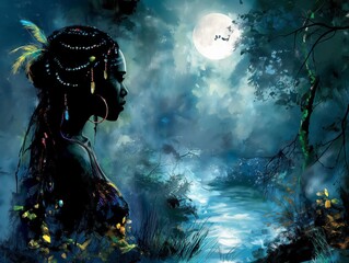 Wall Mural - A woman is standing in front of a body of water with a full moon in the background. The painting has a dreamy and mystical feel to it, with the woman's dark hair