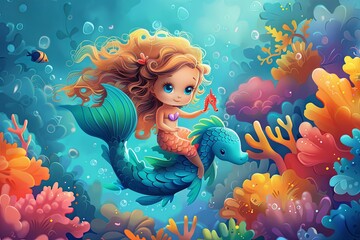 Wall Mural - beautiful baby mermaid riding a giant seahorse, illustration cartoon caricature, underwater realms of colorful corals background
