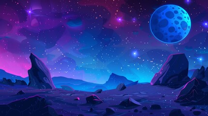 Wall Mural - Cartoon fantasy illustration of blue galaxy sky with gas giant and moon, and ground surface with rocks on alien planet with craters and cracks.