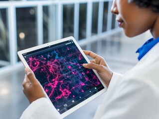 a woman is holding a tablet with a map of the world on it. she is looking at the map and touching it