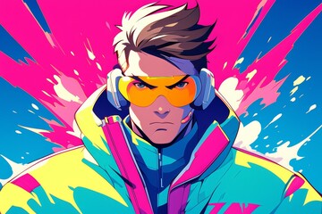 A pop art cartoon of an ski mask wearing young man with short brown hair and aviator sunglasses, standing in front of colorful explosions