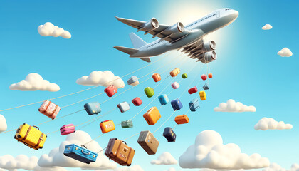 An airplane with colorful suitcases tied, flying among clouds. 3D concept