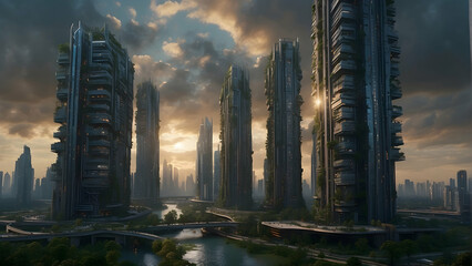 Wall Mural - An artistic depiction of a futuristic city with tall skyscrapers and a glowing sunset