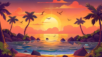 Wall Mural - On a tropical island, the sun rises in orange pink heaven above the waves with palm trees and rocks all around. Beautiful natural landscape, sunshine above water. Cartoon modern background.