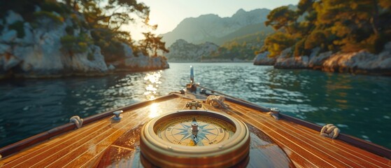 Compass on dashboard of boat, open sea in background under sunny day