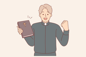 Canvas Print - Guy catholic priest rejoices at completing studies of bible, allowing to become rector of church