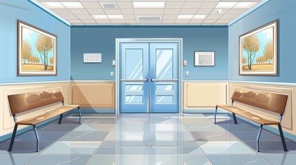 Wall Mural - An empty corridor, with double doors leading to a laboratory, a hospital room, or a restaurant kitchen. Modern realistic interior of a medical clinic, waiting area, or lobby with metal doors leading