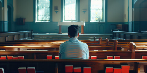 Back view of Man sitting alone in empty church and praying, sunlight.