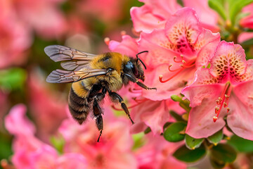 Wall Mural - A bee is flying over a pink flower