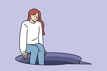 Poster - Depression in woman sitting on edge of abyss in form of speech bubble, as metaphor for complex conversation. Introvert girl experiences frustration and negative emotions due to upcoming conversation.