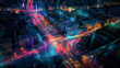 © Watermelon Jungle - Aerial View of Smart City Data Management with Neon Lights and Digital Grid Overlay