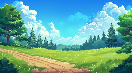 Wall Mural - Nature rural landscape, cartoon illustration with dirt road going along green field with conifer trees and blue sky. Summer forest scene, separated layers modern illustration.